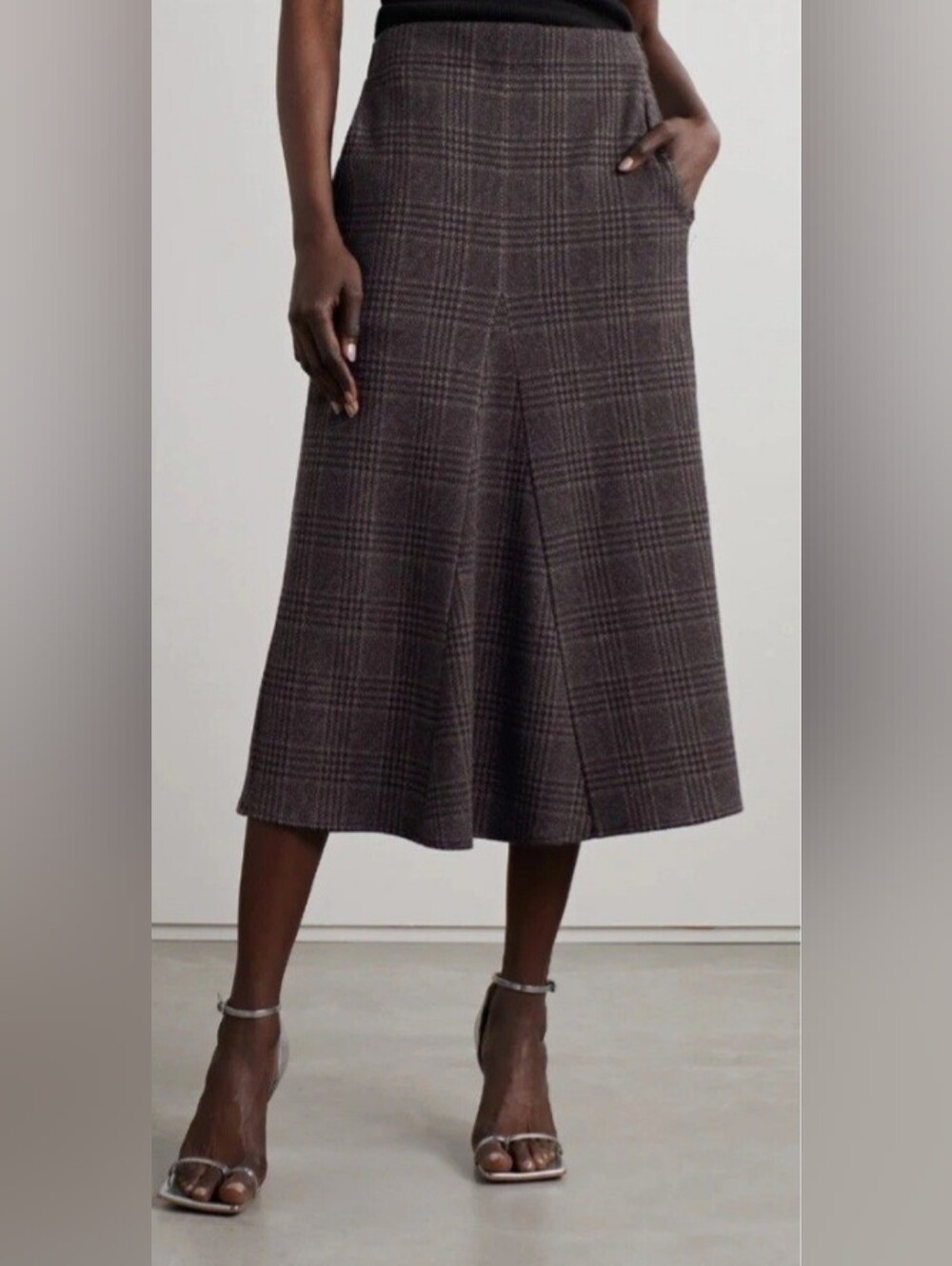 Tibi Plaid Lutz Knit Godet Brown A-line Midi Skirt NWT Size 0 (fits large)